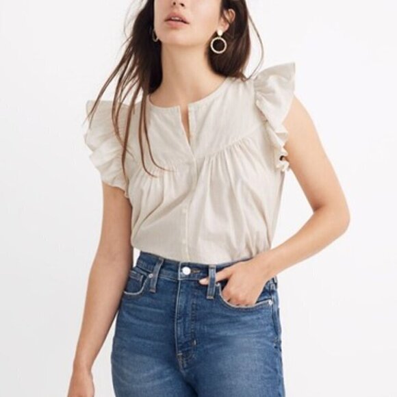 Madewell Ruffle Cap Sleeves Bib-Top Metallic Stripe Swing Style Round Neck 3X - Picture 1 of 14